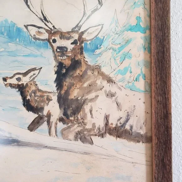 Vintage Deer Racoon Watercolor Painting Framed